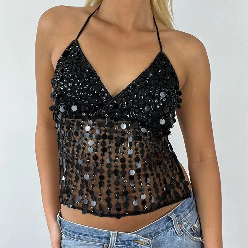 Maemukilabe Sexy Party Rave Coquette Backless Tie Up Tank Tops Cutest Sequin Cami Top Women Glitter Sparkle Halter Crop Tops