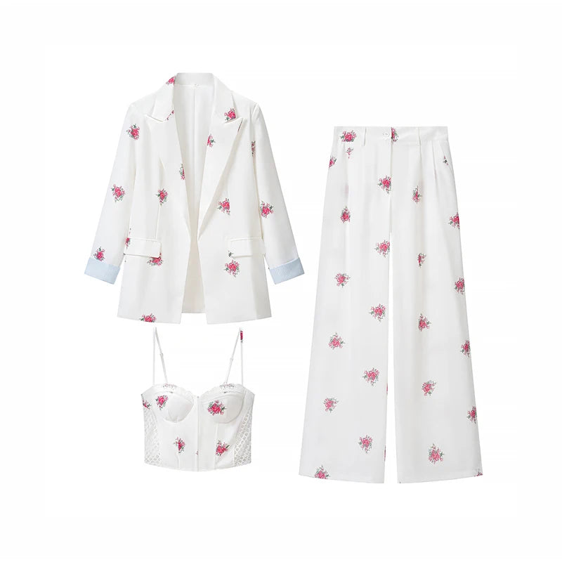 Women Soft Floral Print Matching Set Loose Blazer Bustier Sleeveless Top High Waist Wide Leg Trouser New Casual Holiday Costume