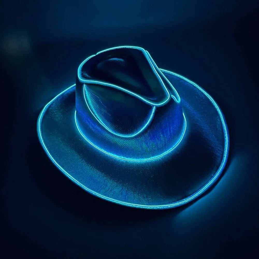 with LED Lights Cowboy Cowgirl Hat Luminous Light Up Cap Western Cowboy Hat for Dancing Party Dress Up Pearlescent Cowgirl Hat