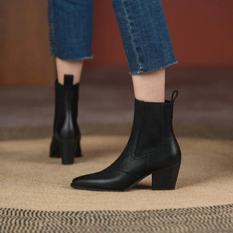 NEW Autumn Women Boots Pointed Toe Chunky Heel Shoes Genuine Leather Shoes for Women Casual Slip-on Western Boots Short Boots