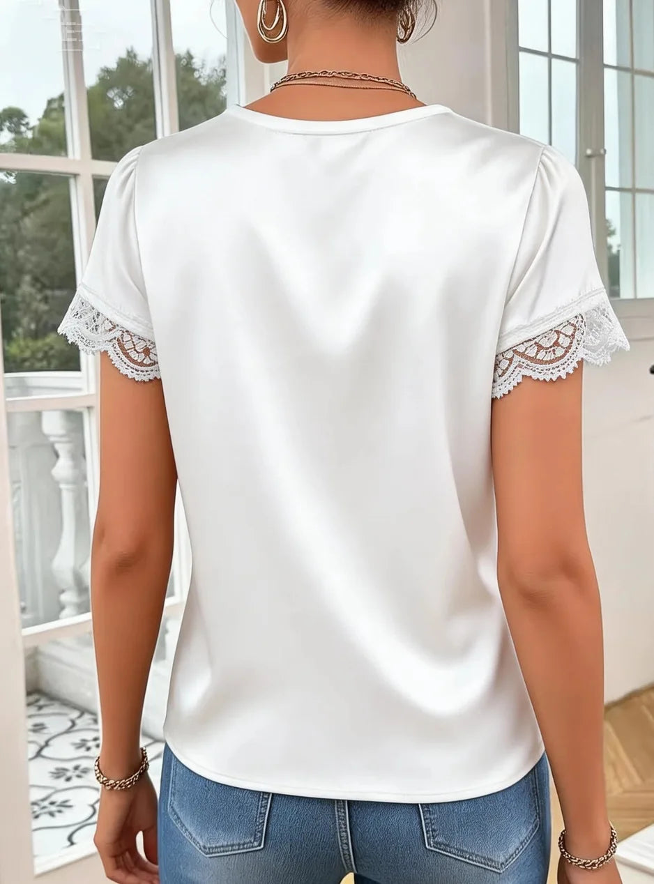 Casual Lace V-neck Blouse Women Summer 2026 Fashion Solid Color Short Sleeve Shirts Tops Elegant