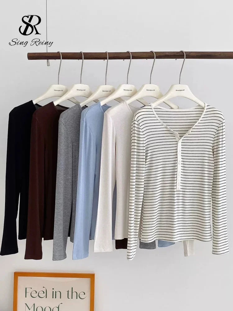 SINGREINY Lyocell Wool Basic Shirt Women Autumn O Neck Button Loose Cozy Acetate Solid Top Basics Casual Striped Long Sleeve Top