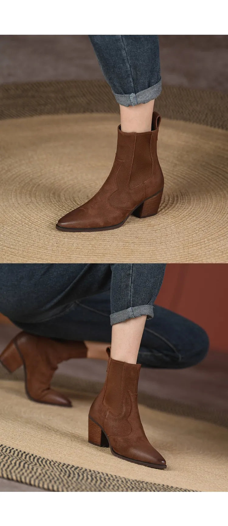 NEW Autumn Women Boots Pointed Toe Chunky Heel Shoes Genuine Leather Shoes for Women Casual Slip-on Western Boots Short Boots