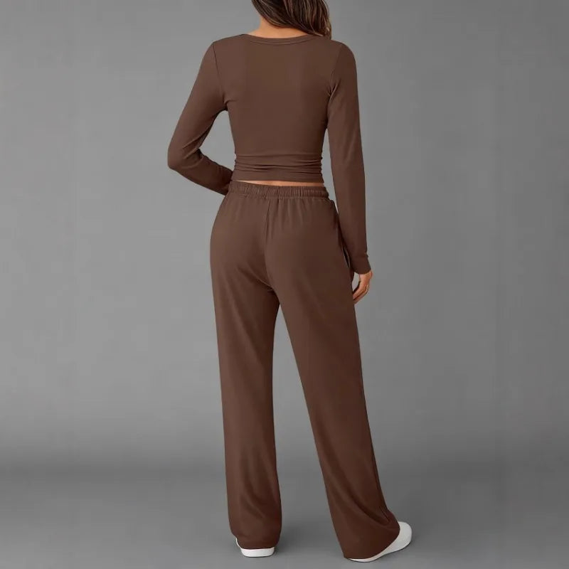 Women's Clothing European American Fashion Casual Sports Autumn Winter Solid Color Drawstring Long-sleeved Suit Pant Sets