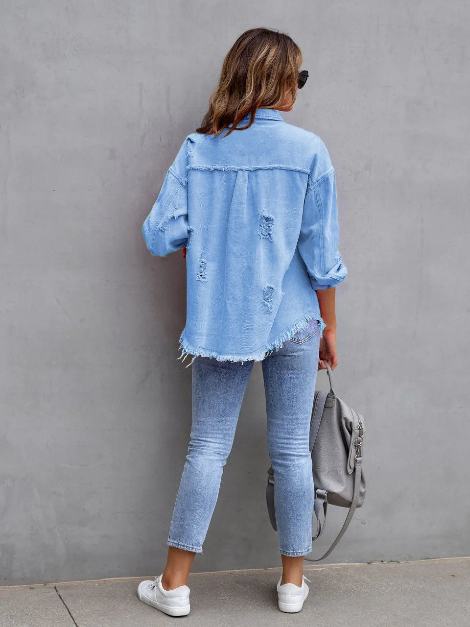 New Solid Colour Mid-length Hole Long-Sleeved Denim Jacket Denim Jacket Women