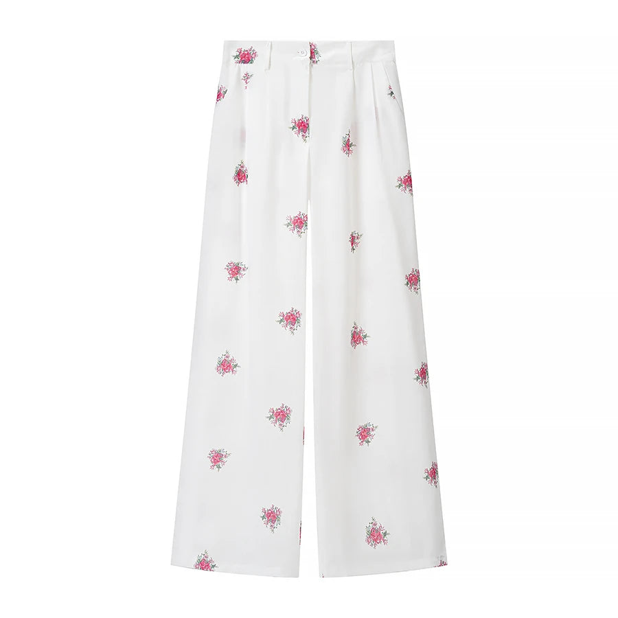 Women Soft Floral Print Matching Set Loose Blazer Bustier Sleeveless Top High Waist Wide Leg Trouser New Casual Holiday Costume