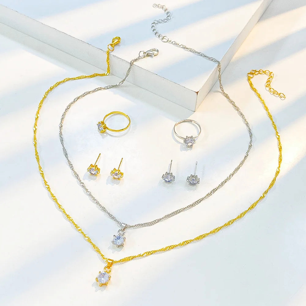 5Pcs Elegant Crystal Jewelry Set Zirconia Ring Necklace Bracelet Earrings Simple Set Jewelry Fashion Versatile Trendy Jewelry