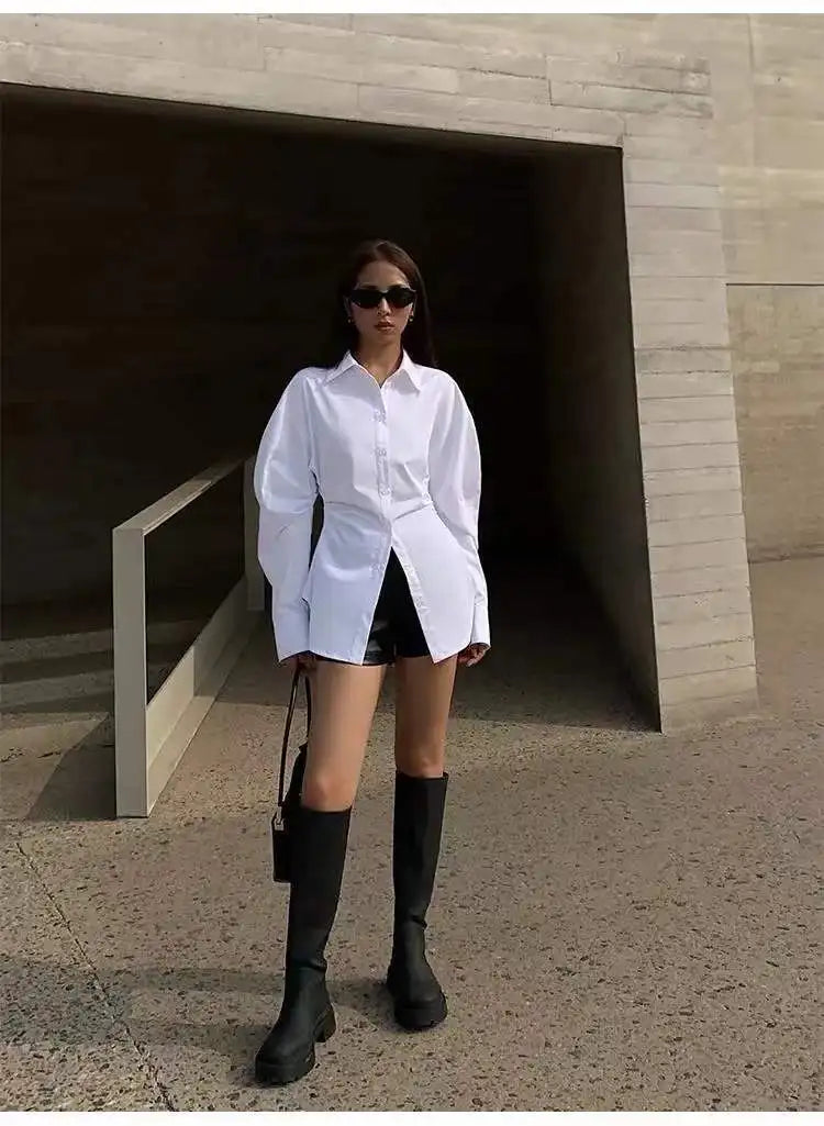 Women's White Slim Fit Long Sleeve Shirt Chic Waist-Cinching Blouse Korean Style Trendy Elegant Tops Spring Autumn New Arrivals