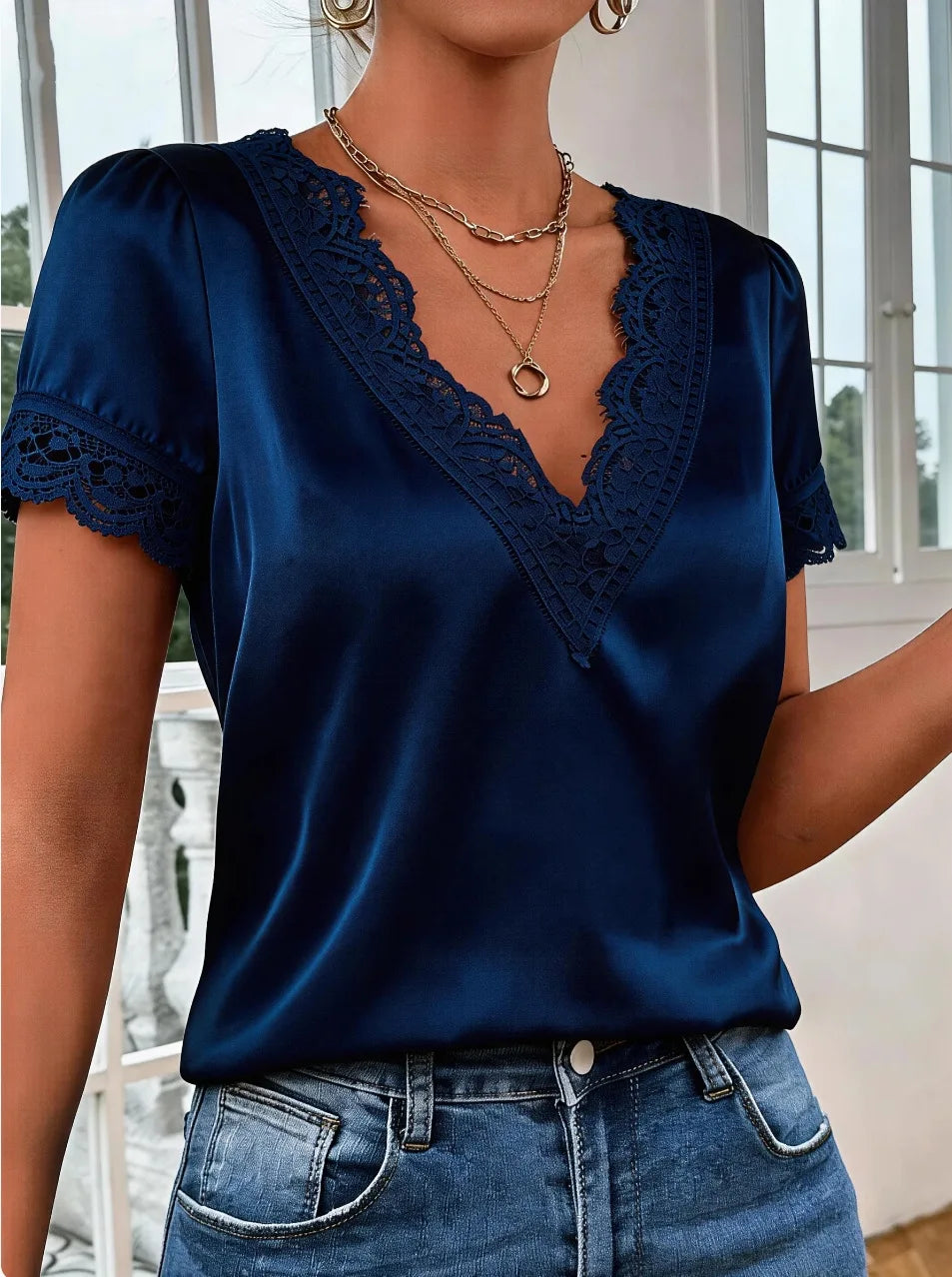 Casual Lace V-neck Blouse Women Summer 2026 Fashion Solid Color Short Sleeve Shirts Tops Elegant