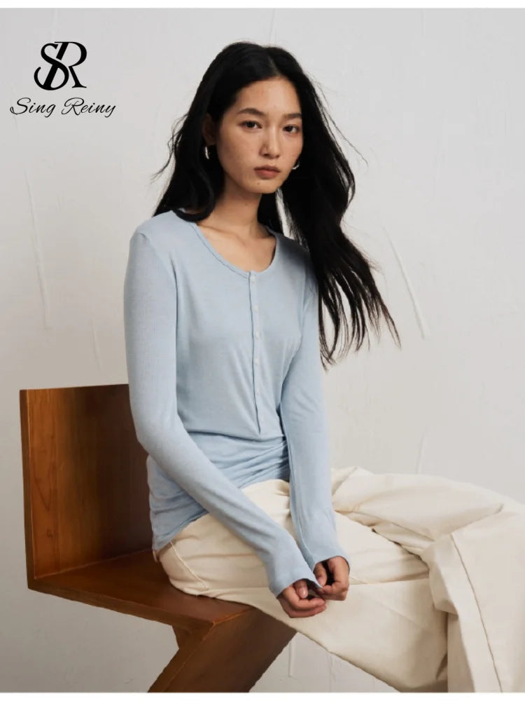 SINGREINY Lyocell Wool Basic Shirt Women Autumn O Neck Button Loose Cozy Acetate Solid Top Basics Casual Striped Long Sleeve Top