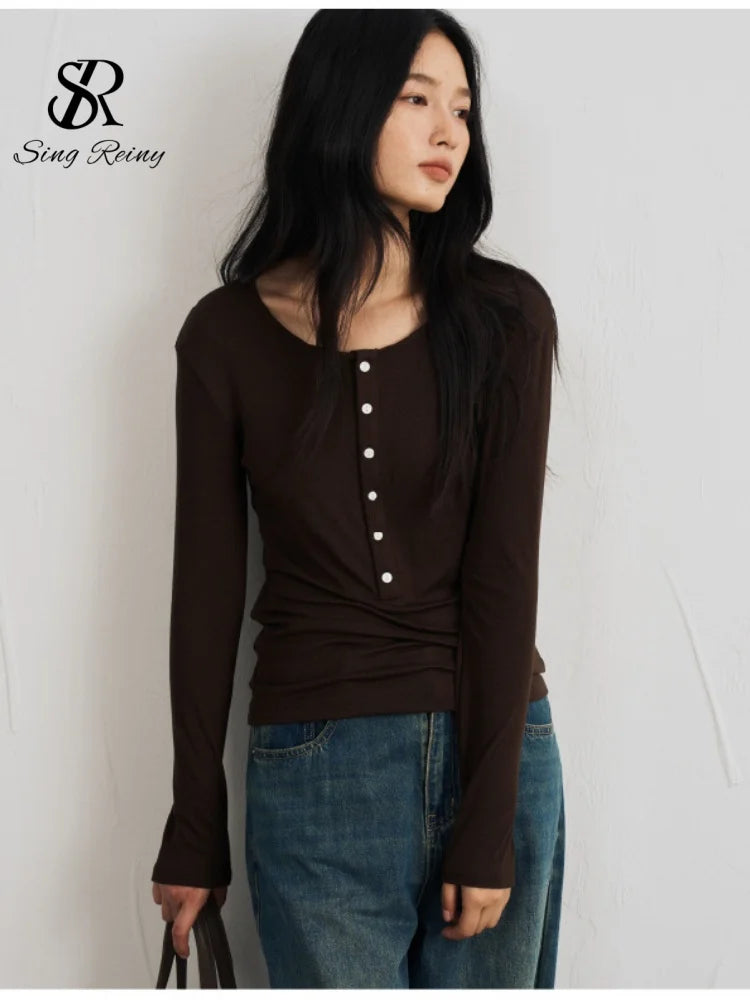 SINGREINY Lyocell Wool Basic Shirt Women Autumn O Neck Button Loose Cozy Acetate Solid Top Basics Casual Striped Long Sleeve Top