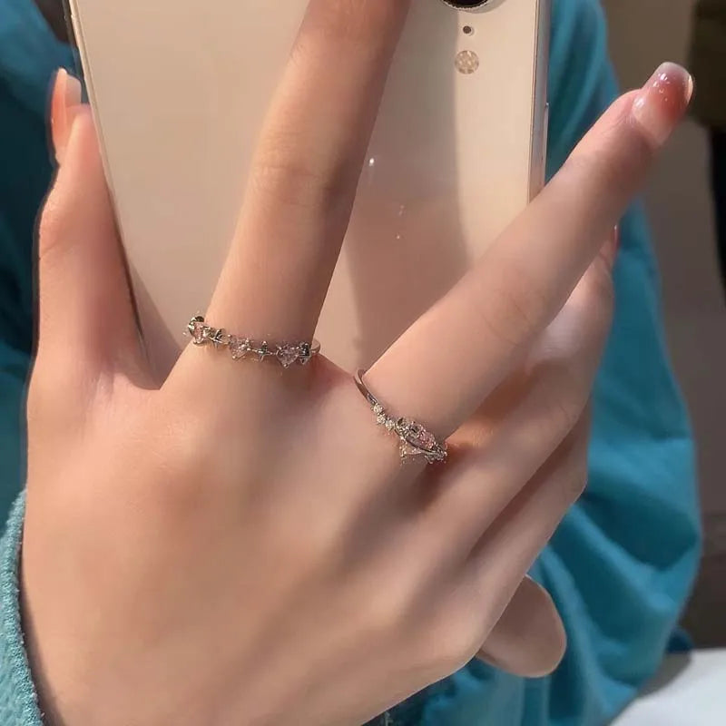 Vintage Y2K Accessories Aesthetic Pink Planet Heart Zircon Rings for Women Cool Hip Hop Kpop Cross Star Rings  Jewelry