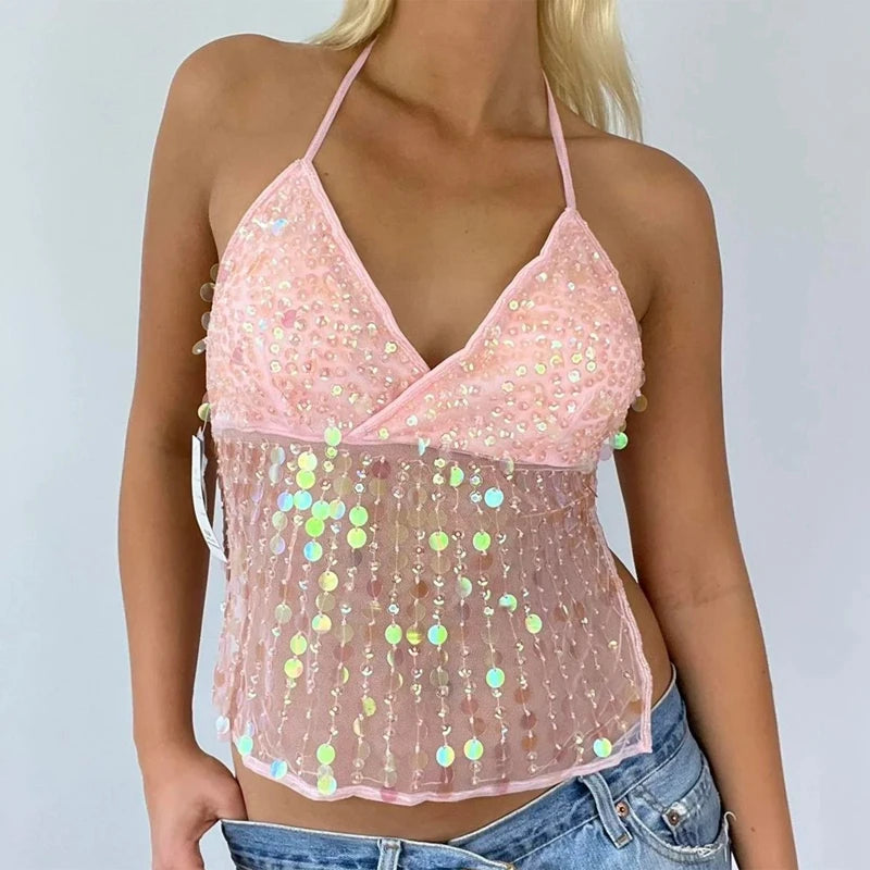 Maemukilabe Sexy Party Rave Coquette Backless Tie Up Tank Tops Cutest Sequin Cami Top Women Glitter Sparkle Halter Crop Tops