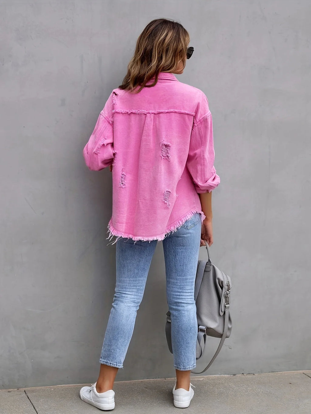 New Solid Colour Mid-length Hole Long-Sleeved Denim Jacket Denim Jacket Women