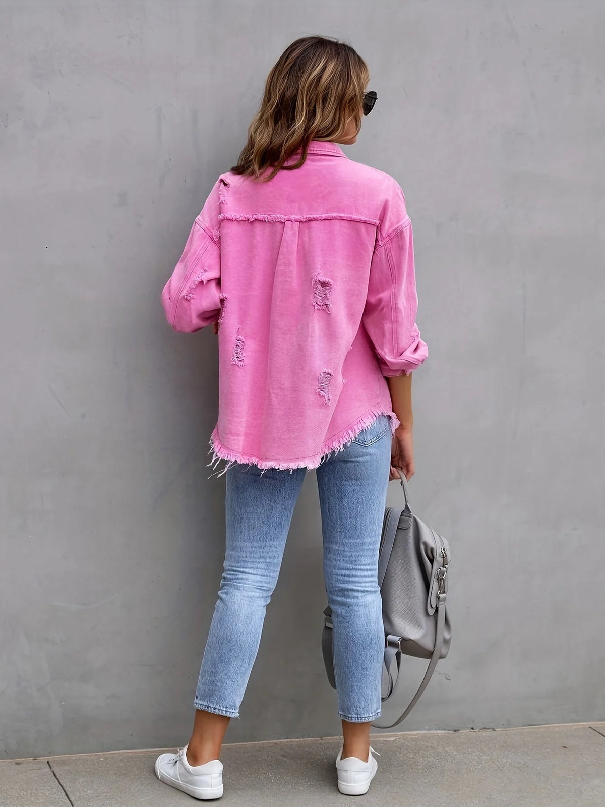 New Solid Colour Mid-length Hole Long-Sleeved Denim Jacket Denim Jacket Women