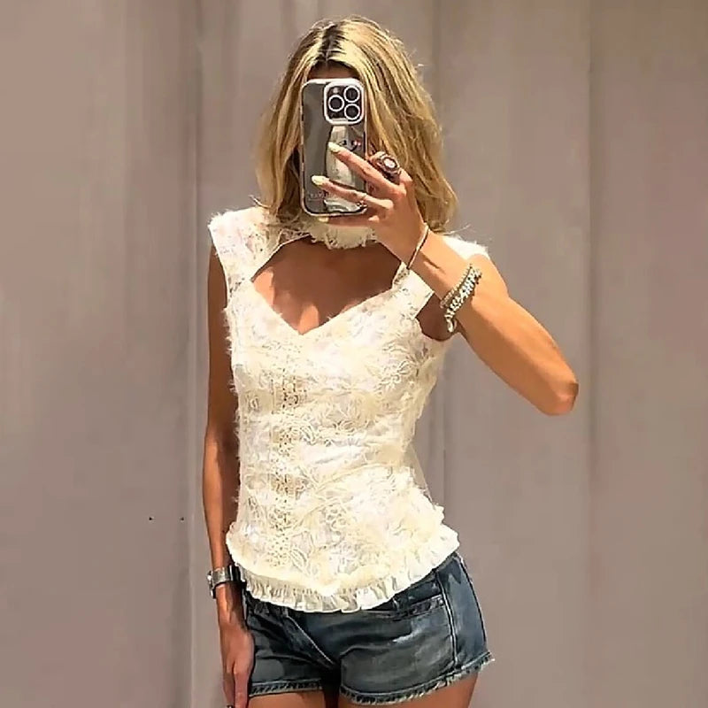 Elegant Cream White High Neck Floral Lace Top Women Sexy Sleeveless Cutout Front Frill Hem Slim Blouse Lady Vacation Party Top