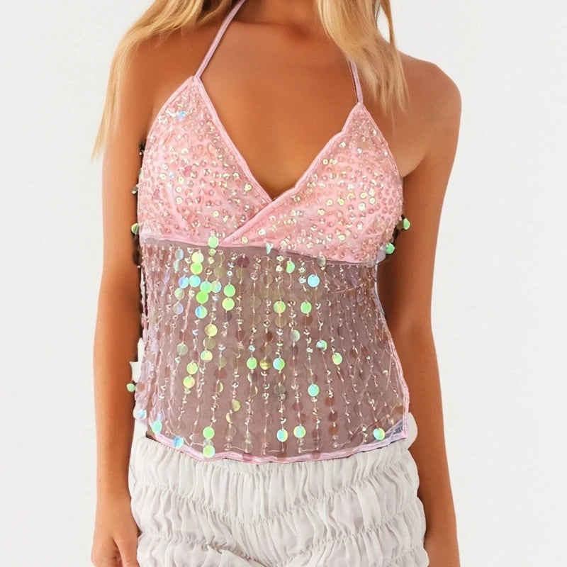 Maemukilabe Sexy Party Rave Coquette Backless Tie Up Tank Tops Cutest Sequin Cami Top Women Glitter Sparkle Halter Crop Tops