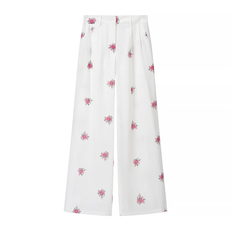 Women Soft Floral Print Matching Set Loose Blazer Bustier Sleeveless Top High Waist Wide Leg Trouser New Casual Holiday Costume