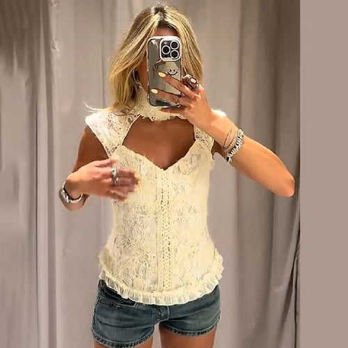 Elegant Cream White High Neck Floral Lace Top Women Sexy Sleeveless Cutout Front Frill Hem Slim Blouse Lady Vacation Party Top