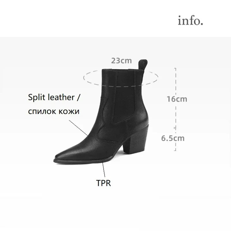 NEW Autumn Women Boots Pointed Toe Chunky Heel Shoes Genuine Leather Shoes for Women Casual Slip-on Western Boots Short Boots
