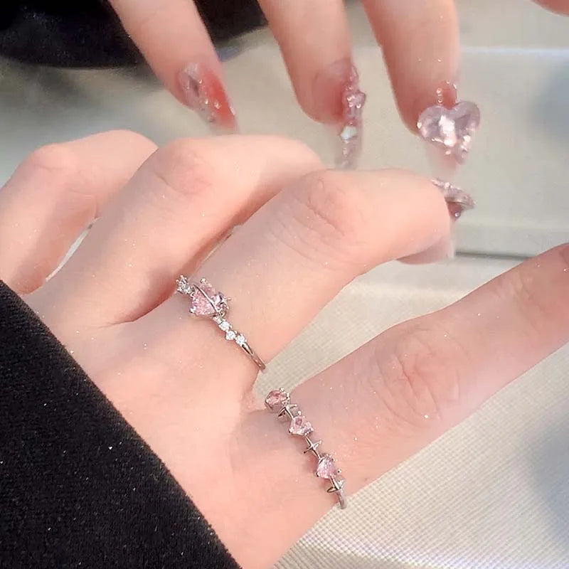 Vintage Y2K Accessories Aesthetic Pink Planet Heart Zircon Rings for Women Cool Hip Hop Kpop Cross Star Rings  Jewelry