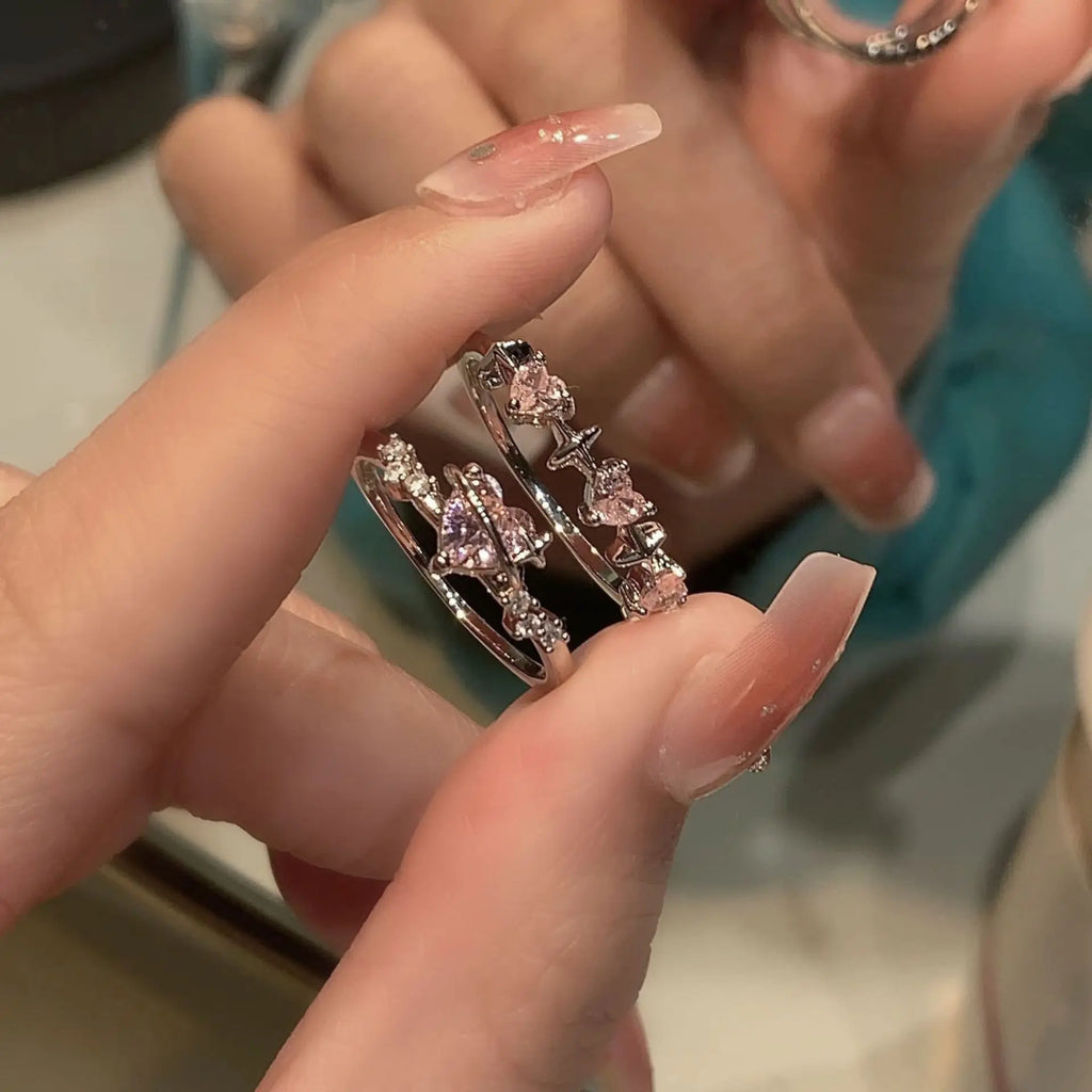 Vintage Y2K Accessories Aesthetic Pink Planet Heart Zircon Rings for Women Cool Hip Hop Kpop Cross Star Rings  Jewelry
