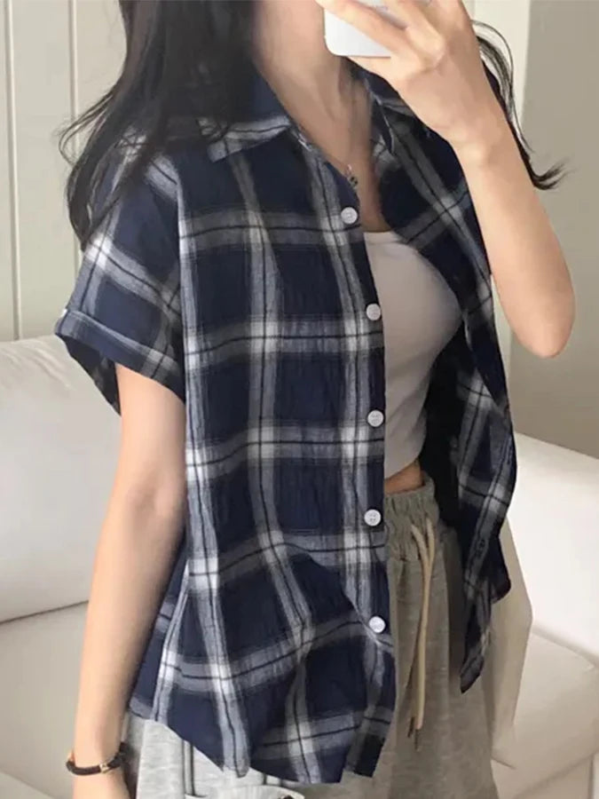 Retro Plaid Shirt Jacket Women Thin Design Summer 2026 New Single Button Turn Collar Short Sleeve Top Loose Fit Summer Shirt