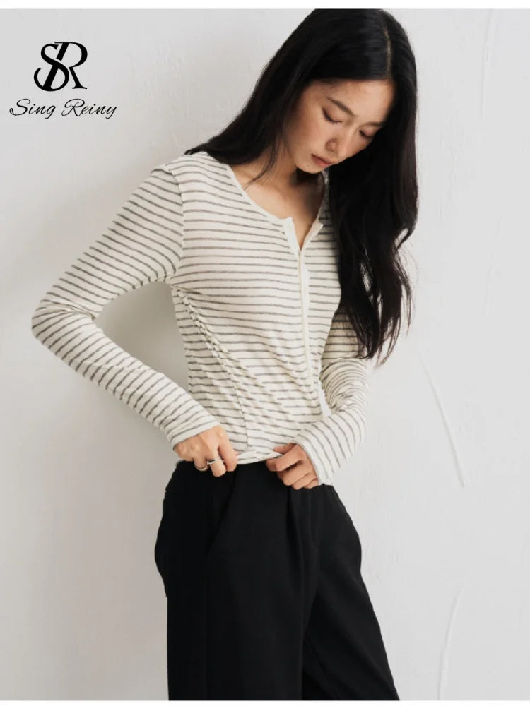 SINGREINY Lyocell Wool Basic Shirt Women Autumn O Neck Button Loose Cozy Acetate Solid Top Basics Casual Striped Long Sleeve Top
