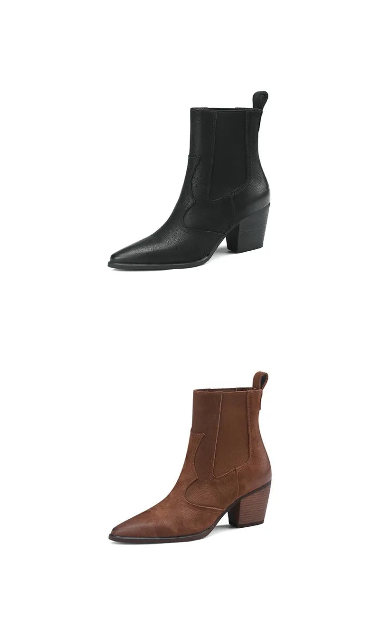 NEW Autumn Women Boots Pointed Toe Chunky Heel Shoes Genuine Leather Shoes for Women Casual Slip-on Western Boots Short Boots