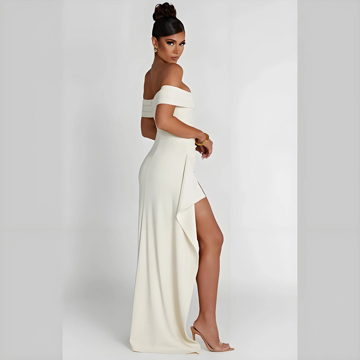 Elegant Evening Dress, Solid Color, Off-Shoulder, Women's Sexy High-Waisted Side-Slit Long Dress, Formal Maxi Ladies' Party Evening Dress