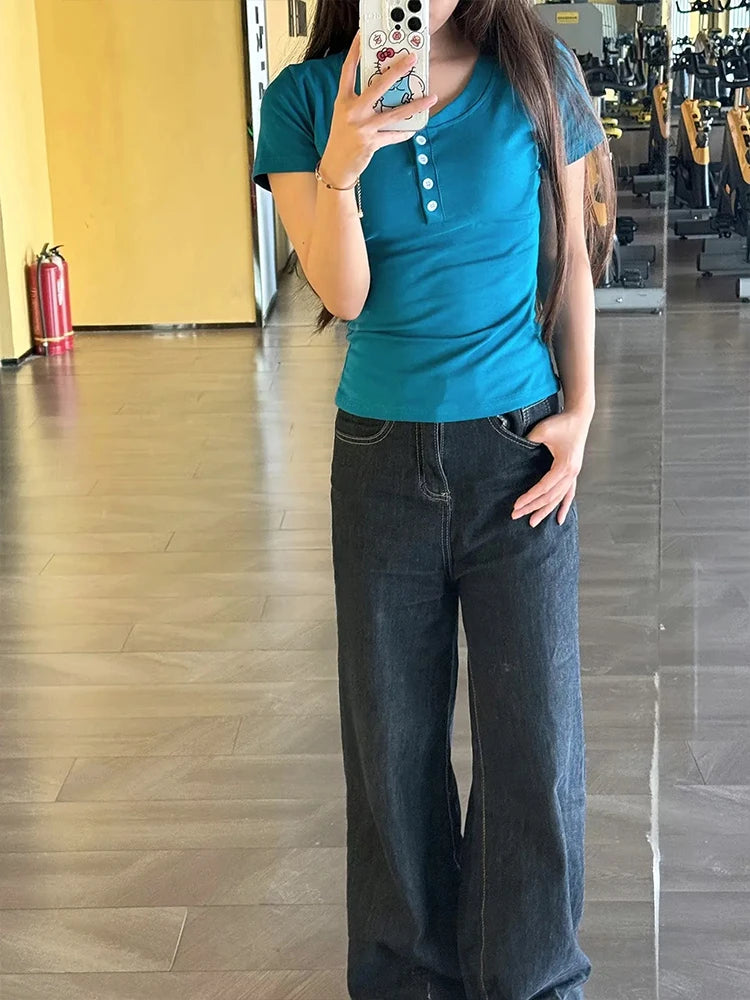 Teal Henley Top Women Short Sleeve Slim Fit V Neck Button Down Y2K Casual Sexy Crop Tee Summer Fashion Basic Shirt New 2026