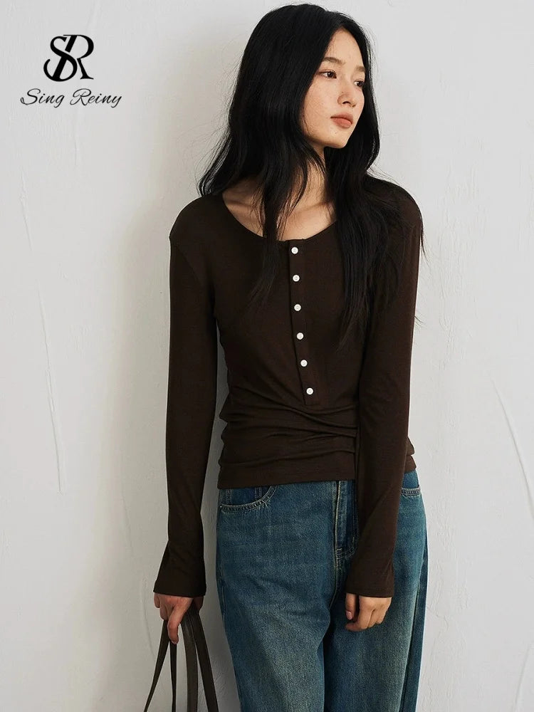 SINGREINY Lyocell Wool Basic Shirt Women Autumn O Neck Button Loose Cozy Acetate Solid Top Basics Casual Striped Long Sleeve Top