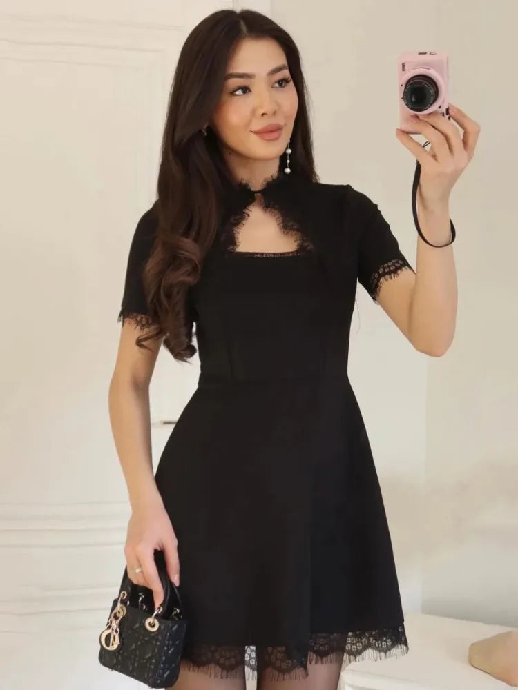 Tossy Black Lace Hollow Out Mini Dress Female Patchwork Short Sleeve Sexy High Waist Party Dress Women's Casual Printed Dress