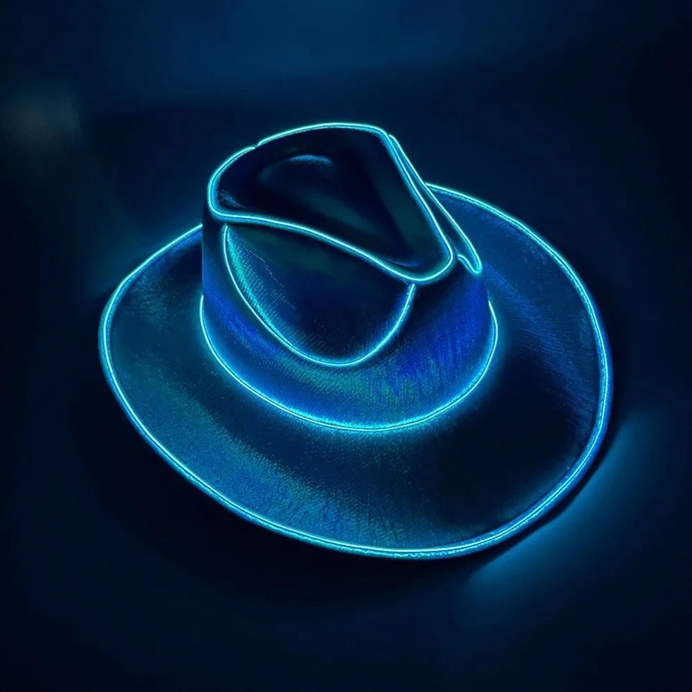 with LED Lights Cowboy Cowgirl Hat Luminous Light Up Cap Western Cowboy Hat for Dancing Party Dress Up Pearlescent Cowgirl Hat