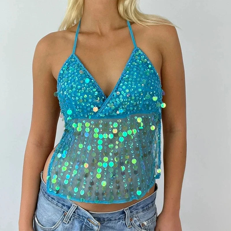 Maemukilabe Sexy Party Rave Coquette Backless Tie Up Tank Tops Cutest Sequin Cami Top Women Glitter Sparkle Halter Crop Tops
