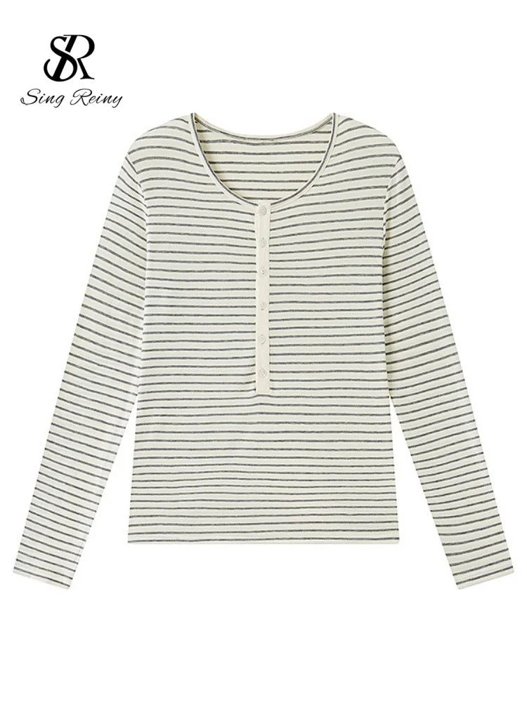SINGREINY Lyocell Wool Basic Shirt Women Autumn O Neck Button Loose Cozy Acetate Solid Top Basics Casual Striped Long Sleeve Top