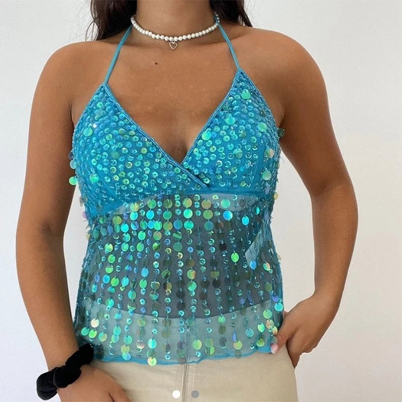 Maemukilabe Sexy Party Rave Coquette Backless Tie Up Tank Tops Cutest Sequin Cami Top Women Glitter Sparkle Halter Crop Tops