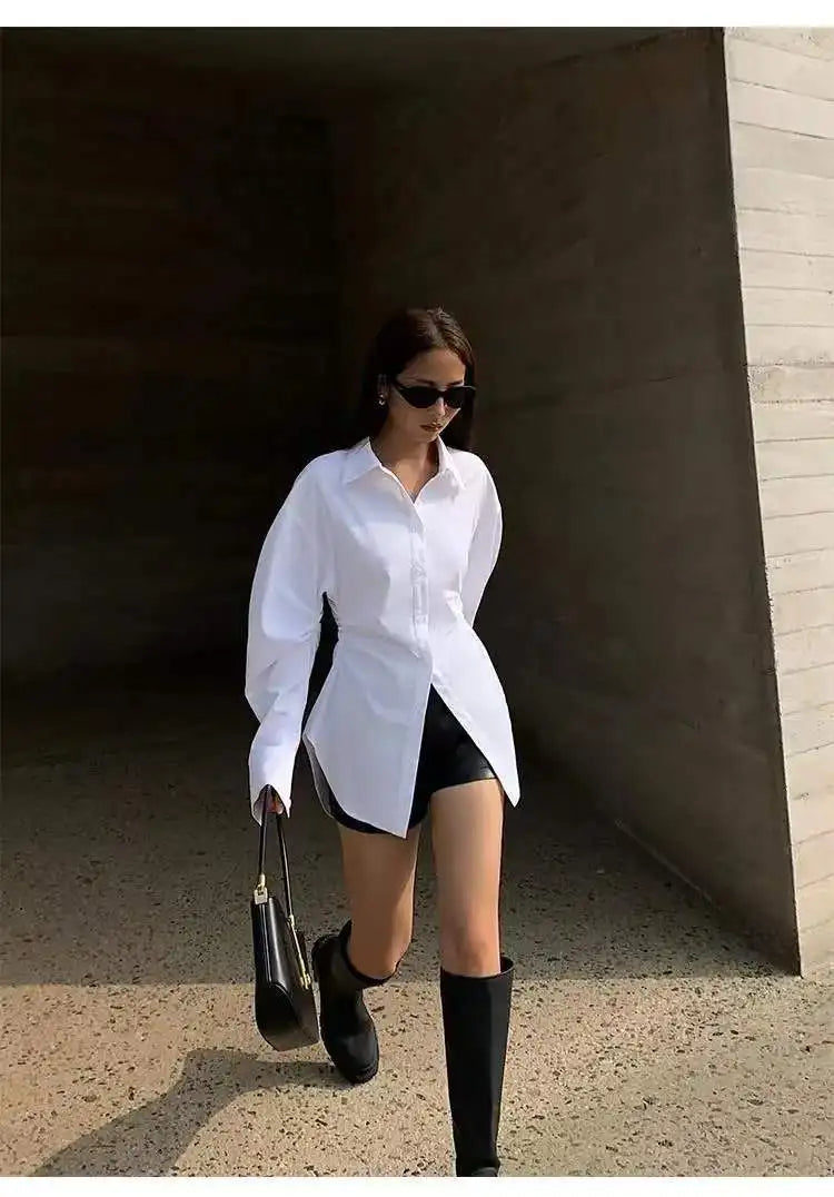 Women's White Slim Fit Long Sleeve Shirt Chic Waist-Cinching Blouse Korean Style Trendy Elegant Tops Spring Autumn New Arrivals