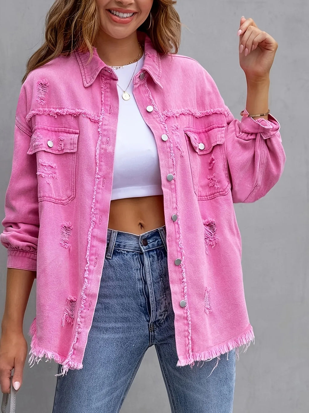 New Solid Colour Mid-length Hole Long-Sleeved Denim Jacket Denim Jacket Women