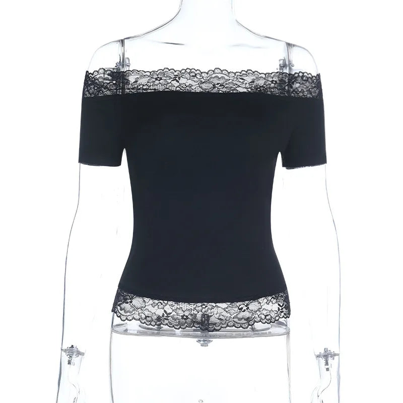 Sexy Slash Neck Off Shoulder Lace Tops Y2k Simple Fashion Women's Tee Shirts Short Sleeve Casual T-Shirts Trendy Tshirts