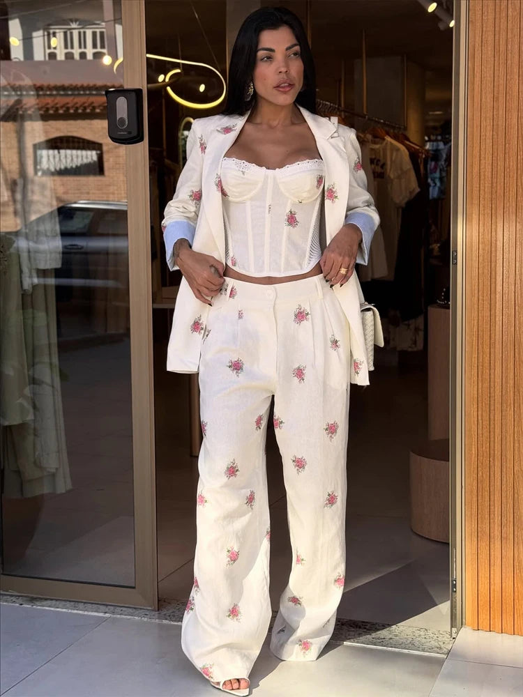 Women Soft Floral Print Matching Set Loose Blazer Bustier Sleeveless Top High Waist Wide Leg Trouser New Casual Holiday Costume