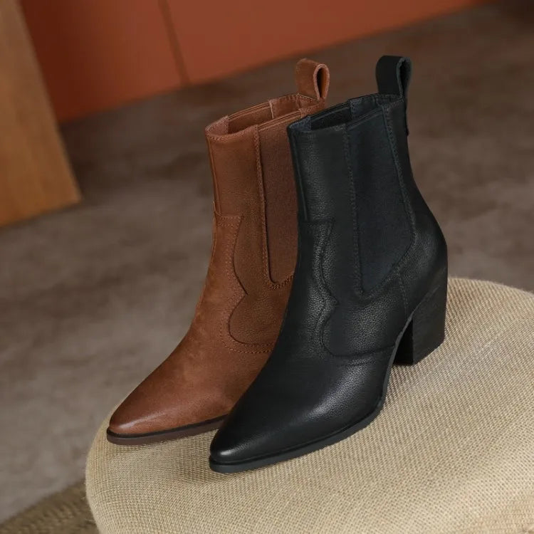 NEW Autumn Women Boots Pointed Toe Chunky Heel Shoes Genuine Leather Shoes for Women Casual Slip-on Western Boots Short Boots