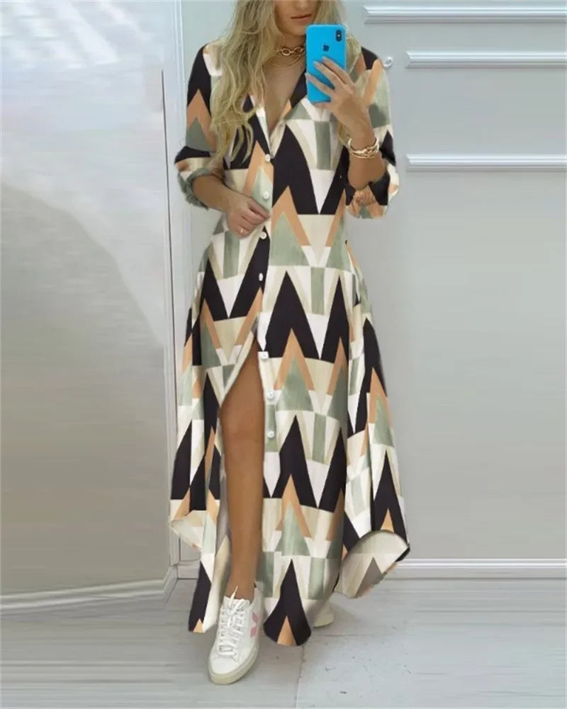Women's retro geometric print polo neck shirt dress. Long sleeve, ankle-length casual dress with front buttons and high slit.