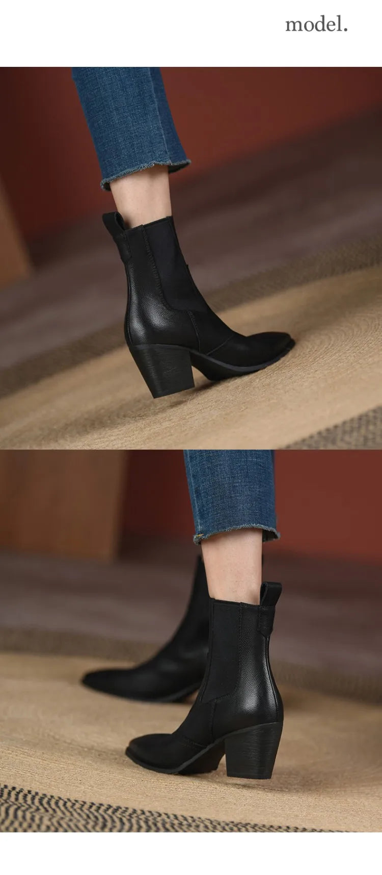 NEW Autumn Women Boots Pointed Toe Chunky Heel Shoes Genuine Leather Shoes for Women Casual Slip-on Western Boots Short Boots