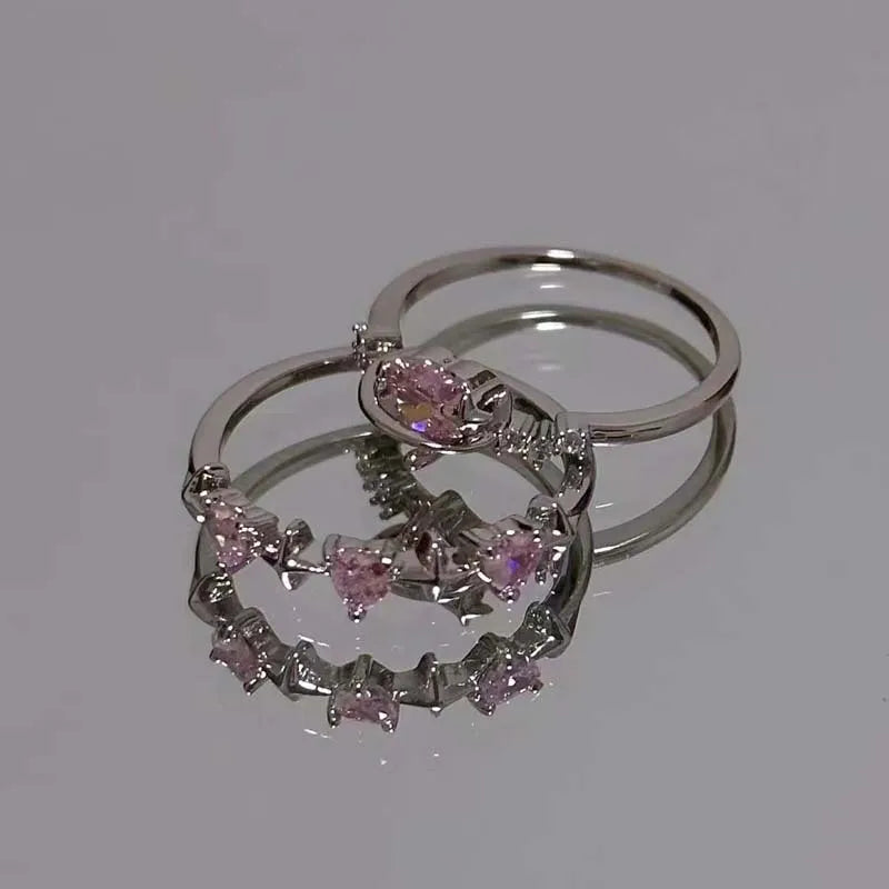 Vintage Y2K Accessories Aesthetic Pink Planet Heart Zircon Rings for Women Cool Hip Hop Kpop Cross Star Rings  Jewelry