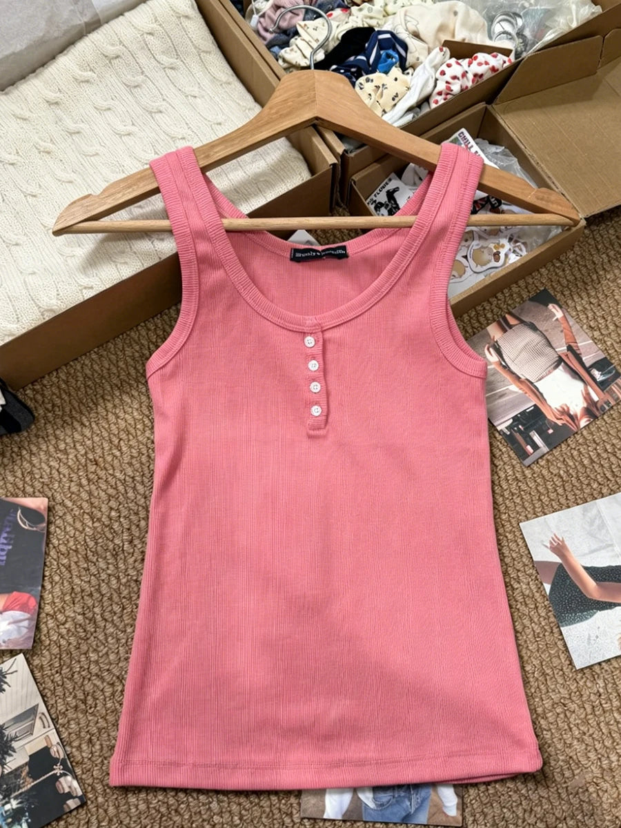 Ribbed Button Tank Tops Women Summer Casual Streetwear Slim Cotton Sleeveless Vests Female Vintage Simple Basic Vest Y2K