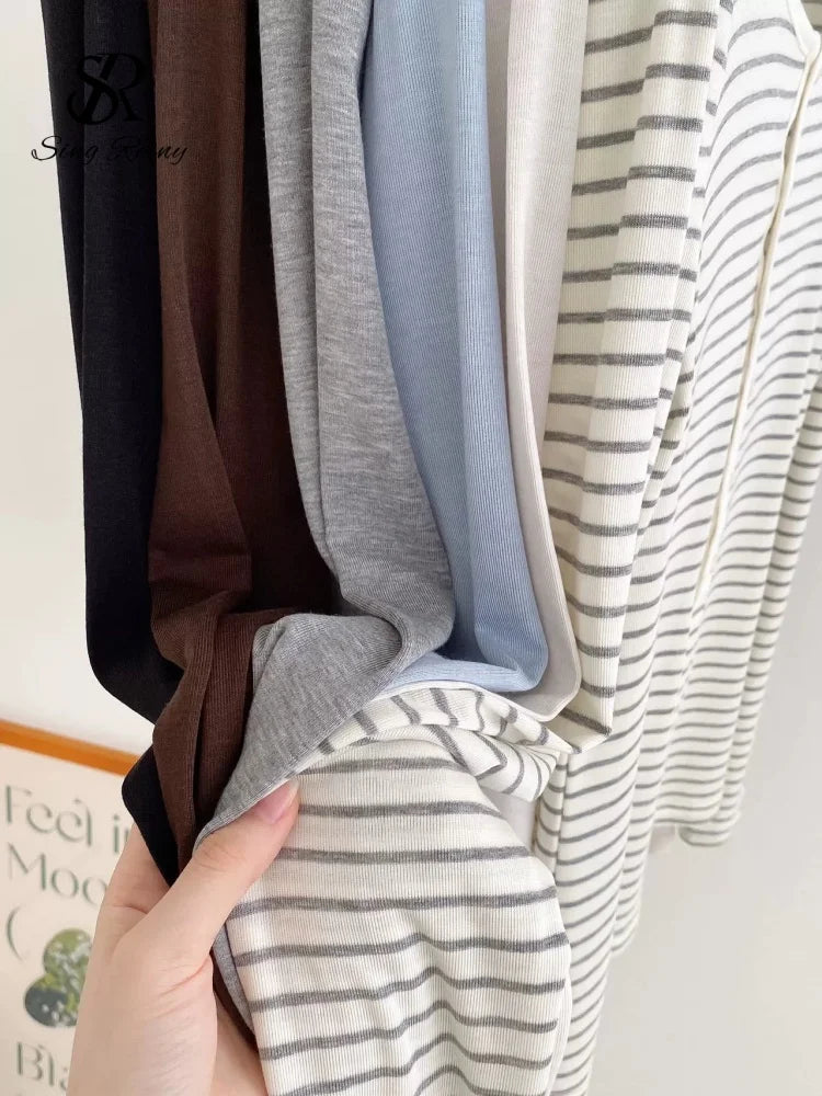 SINGREINY Lyocell Wool Basic Shirt Women Autumn O Neck Button Loose Cozy Acetate Solid Top Basics Casual Striped Long Sleeve Top
