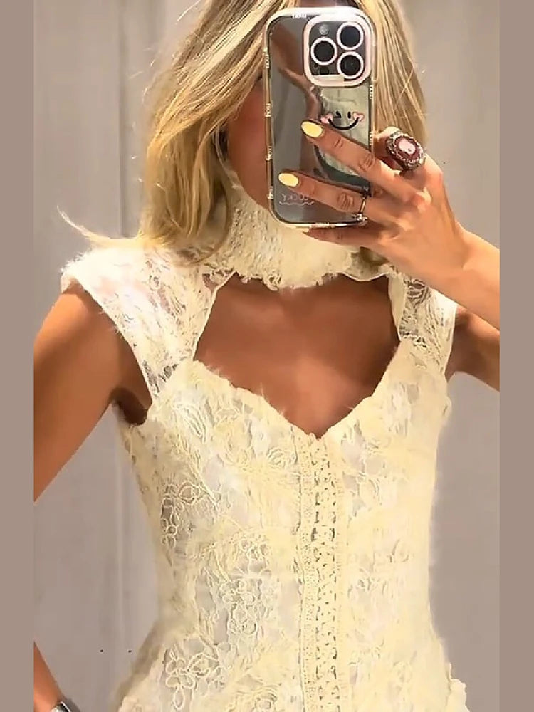 Elegant Cream White High Neck Floral Lace Top Women Sexy Sleeveless Cutout Front Frill Hem Slim Blouse Lady Vacation Party Top
