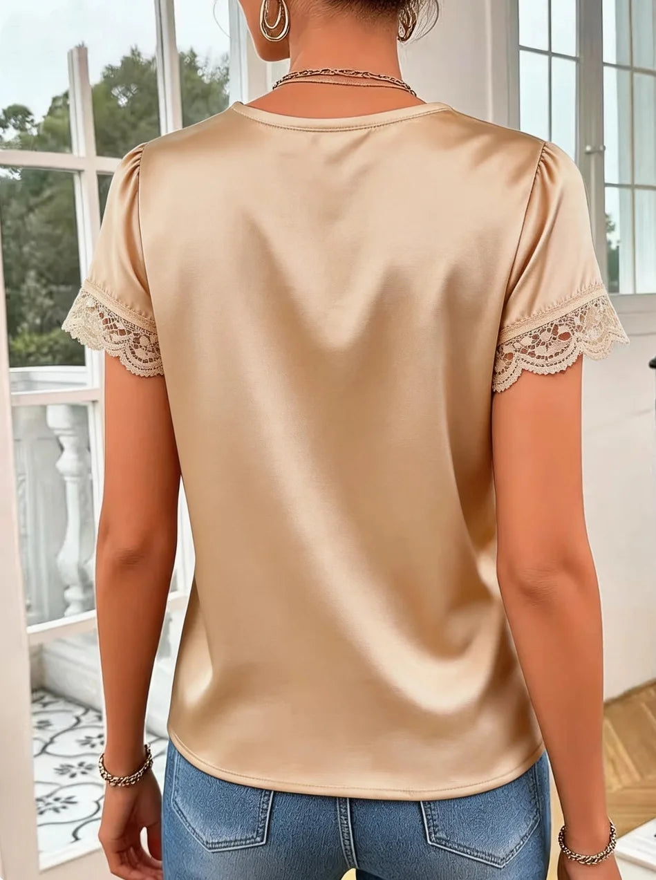 Casual Lace V-neck Blouse Women Summer 2026 Fashion Solid Color Short Sleeve Shirts Tops Elegant