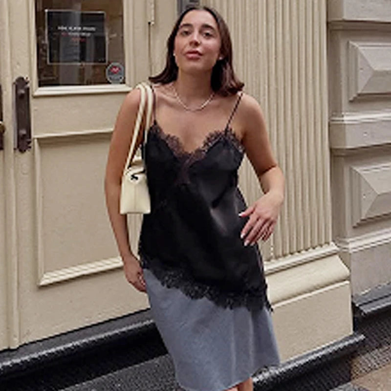 HXAO Lace Asymmetrical Top Women Tanks & Camis Summer 2025 Black Slip Sleeveless Top  Ladies y2k Backless Off Shoulder Camisole